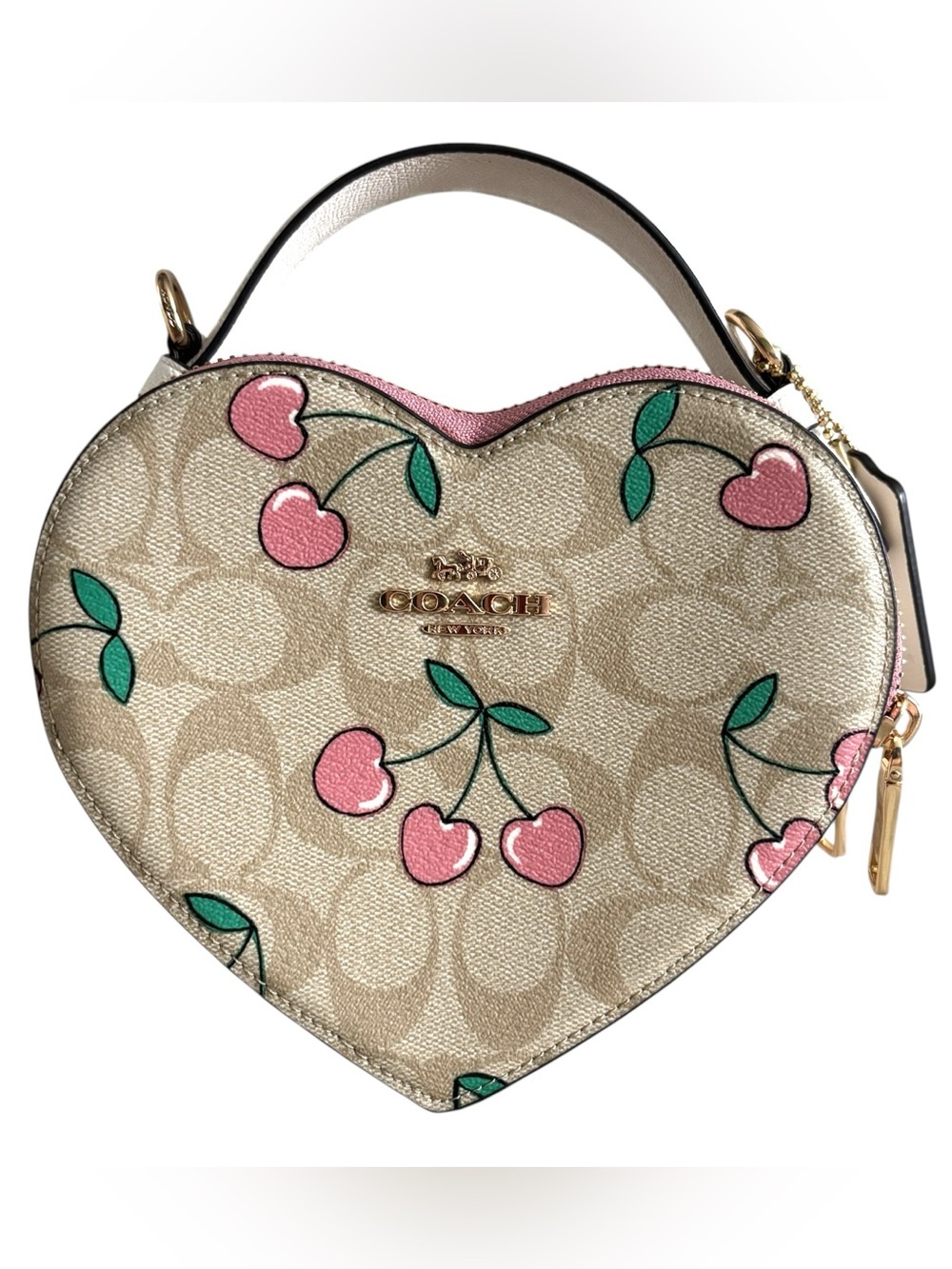 Coach Pink Cherry Print Beige Heart Crossbody